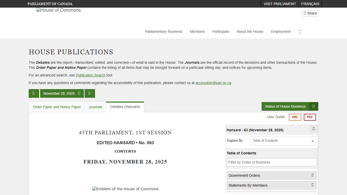 Debates (Hansard) No. 63 - November 28, 2025 (45-1) - House of Commons of Canada